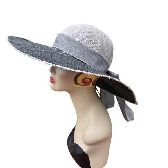 Gray Distressed Wide Brim Sun Hat UPF 50 Linen Bow Coastal Chic main image 8